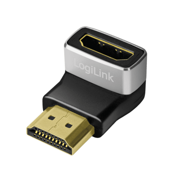 ADAPTOR video LOGILINK, HDMI (T) la HDMI (M), conectori auriti, rezolutie maxima 8K (7680 x 4320) la 60 Hz, 90 grade, negru-gri, "AH0005A" — miniatură