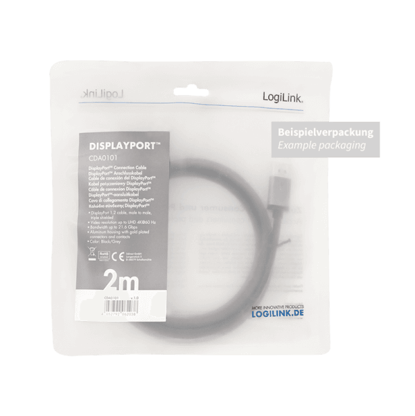 CABLU video LOGILINK, DisplayPort (T) la DisplayPort (T) 1.2, 1m, conectori auriti, rezolutie maxima 4K (3840 x 2160) la 60 Hz, aluminiu, triplu ecranaj, negru-gri, "CDA0100" — miniatură