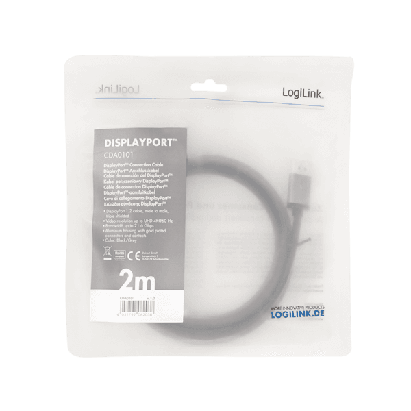 CABLU video LOGILINK, DisplayPort (T) la DisplayPort (T) 1.2, 2m, conectori auriti, rezolutie maxima 4K (3840 x 2160) la 60 Hz, aluminiu, triplu ecranaj, negru-gri, "CDA0101" — miniatură