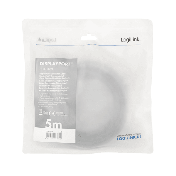 CABLU video LOGILINK, DisplayPort (T) la DisplayPort (T) 1.2, 5m, conectori auriti, rezolutie maxima 4K (3840 x 2160) la 60 Hz, aluminiu, triplu ecranaj, negru-gri, "CDA0103" — miniatură