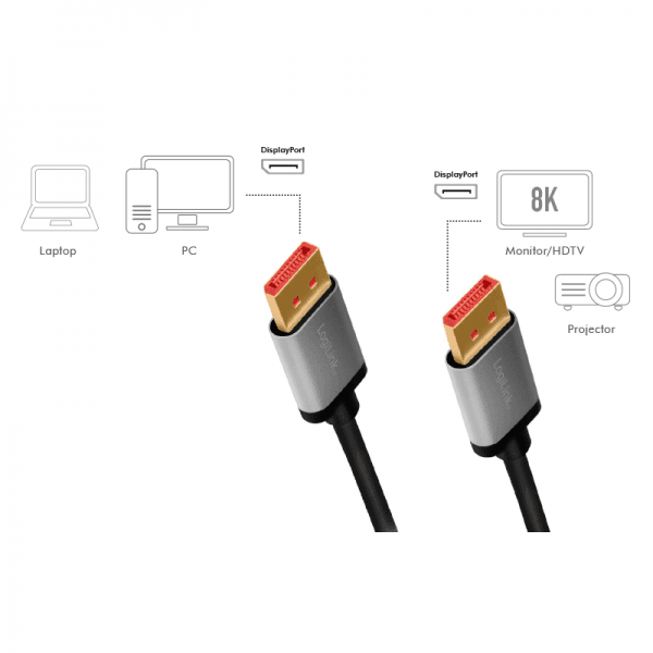 CABLU video LOGILINK, DisplayPort (T) la DisplayPort (T) 1.4, 1m, conectori auriti, rezolutie maxima 8K (7680 x 4320) la 60 Hz, aluminiu, triplu ecranaj, negru-gri, "CDA0104" — miniatură