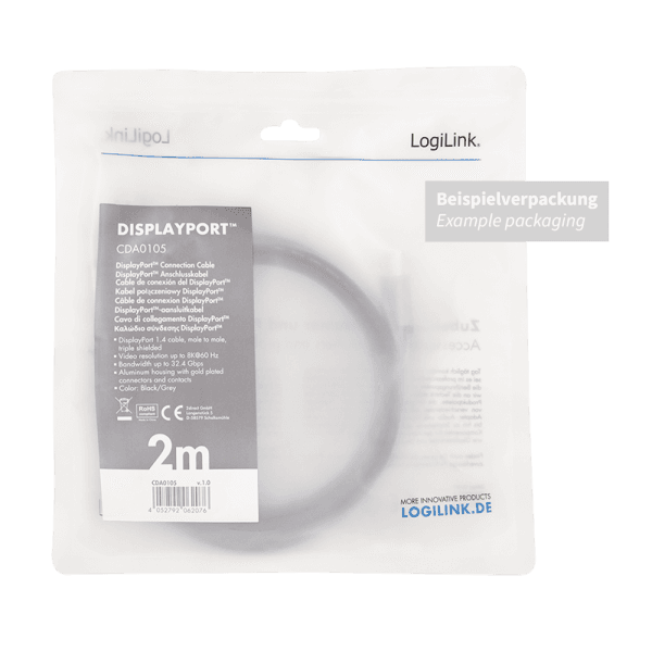 CABLU video LOGILINK, DisplayPort (T) la DisplayPort (T) 1.4, 1m, conectori auriti, rezolutie maxima 8K (7680 x 4320) la 60 Hz, aluminiu, triplu ecranaj, negru-gri, "CDA0104" — miniatură