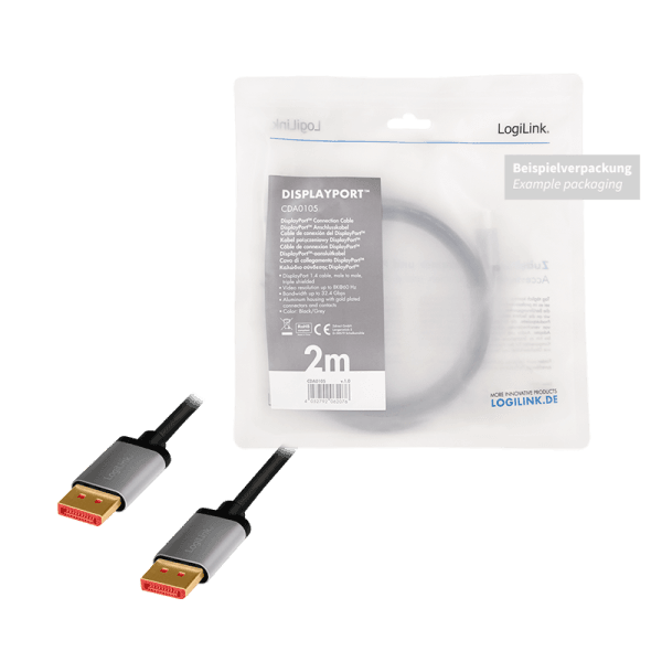 CABLU video LOGILINK, DisplayPort (T) la DisplayPort (T) 1.4, 1m, conectori auriti, rezolutie maxima 8K (7680 x 4320) la 60 Hz, aluminiu, triplu ecranaj, negru-gri, "CDA0104" — miniatură