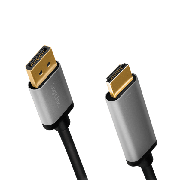 CABLU video LOGILINK, DisplayPort (T) 1.2 la HDMI (T), 2m, conectori auriti, rezolutie maxima 4K (3840 x 2160) la 60 Hz, aluminiu, dublu ecranaj, negru-gri, "CDA0107" — miniatură