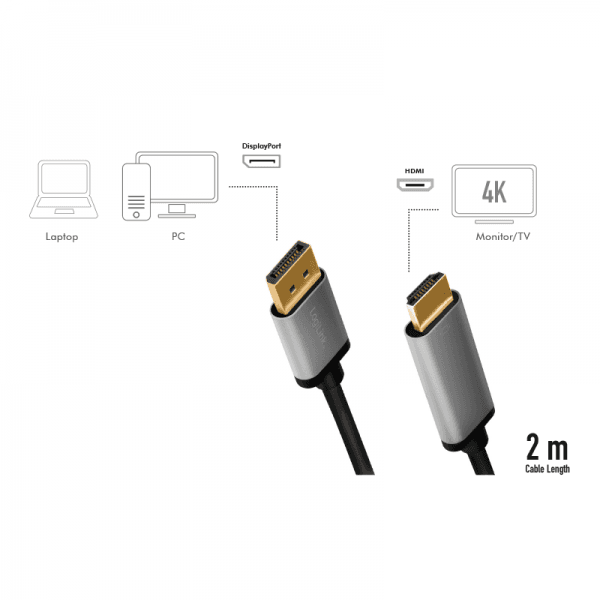 CABLU video LOGILINK, DisplayPort (T) 1.2 la HDMI (T), 2m, conectori auriti, rezolutie maxima 4K (3840 x 2160) la 60 Hz, aluminiu, dublu ecranaj, negru-gri, "CDA0107" — miniatură