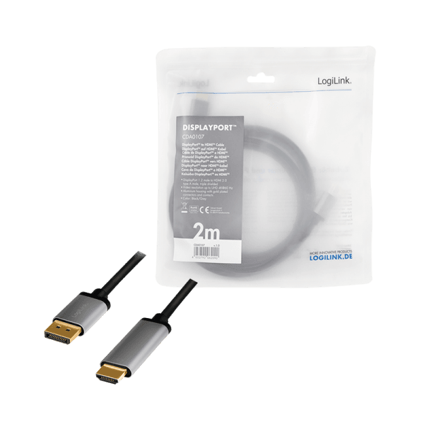 CABLU video LOGILINK, DisplayPort (T) 1.2 la HDMI (T), 2m, conectori auriti, rezolutie maxima 4K (3840 x 2160) la 60 Hz, aluminiu, dublu ecranaj, negru-gri, "CDA0107" — miniatură