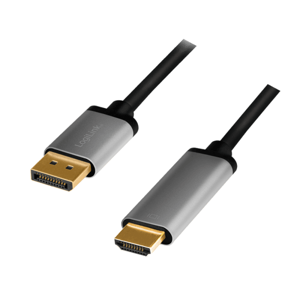 CABLU video LOGILINK, DisplayPort (T) 1.2 la HDMI (T), 2m, conectori auriti, rezolutie maxima 4K (3840 x 2160) la 60 Hz, aluminiu, dublu ecranaj, negru-gri, "CDA0107"