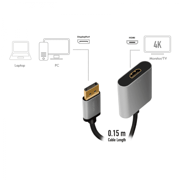 CABLU video LOGILINK, DisplayPort (T) 1.2 la HDMI (M), 0.15m, conectori auriti, rezolutie maxima 4K (3840 x 2160) la 60 Hz, aluminiu, ecranaj, negru-gri, "CDA0108" — miniatură