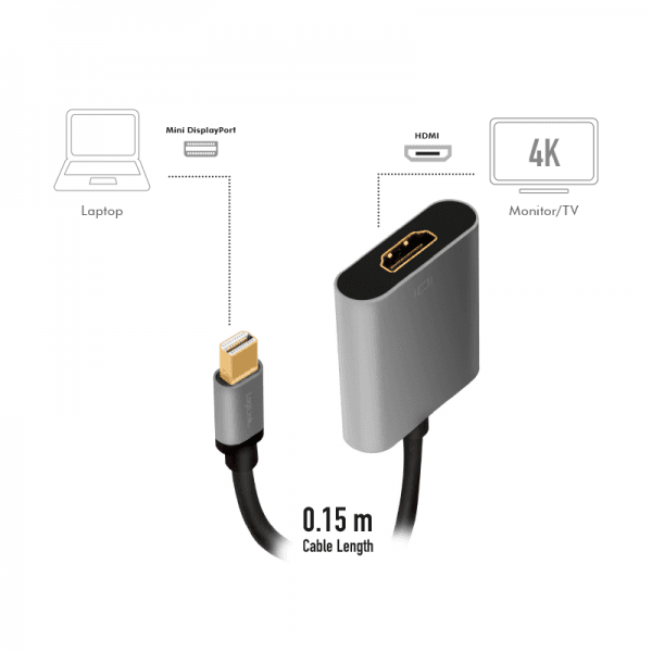 CABLU video LOGILINK, mini DisplayPort (T) 1.2 la HDMI (M), 0.15m, conectori auriti, rezolutie maxima 4K (3840 x 2160) la 60 Hz, aluminiu, triplu ecranaj, negru-gri, "CDA0110" — miniatură