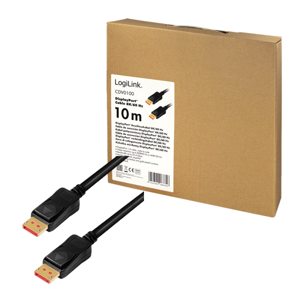 CABLU video LOGILINK, DisplayPort (T) la DisplayPort (T) 1.4, 10m, amplificare, conectori auriti, rezolutie maxima 8K (7680 x 4320) la 60 Hz, plastic, triplu ecranaj, negru, "CDV0100" — miniatură