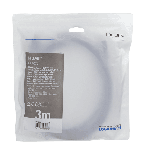 CABLU video LOGILINK, HDMI (T) la HDMI (T) 2.1, 3m, conectori auriti, rezolutie maxima 8K (7680 x 4320) la 60 Hz, plastic, triplu ecranaj, negru, "CH0079" — miniatură
