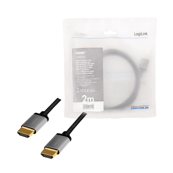 CABLU video LOGILINK, HDMI (T) la HDMI (T) 2.0, 2m, conectori auriti, rezolutie maxima 4K (3840 x 2160) la 60 Hz, aluminiu, triplu ecranaj, negru-gri, "CHA0101" — miniatură
