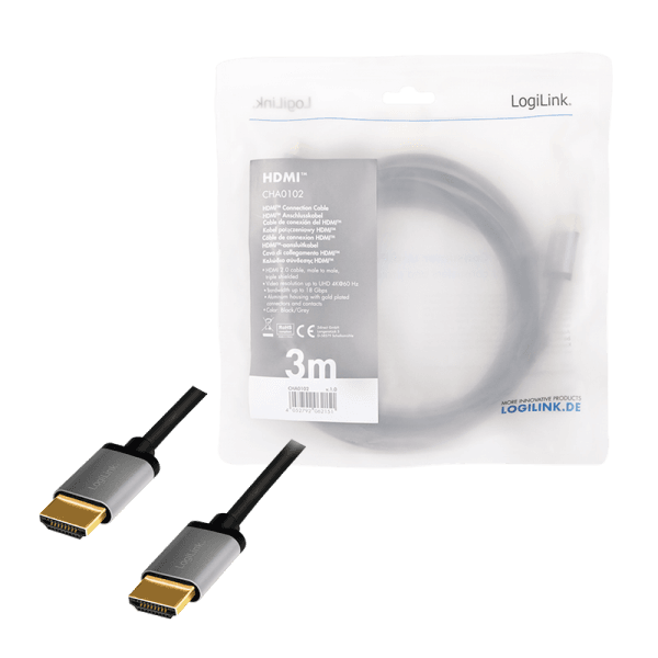 CABLU video LOGILINK, HDMI (T) la HDMI (T) 2.0, 3m, conectori auriti, rezolutie maxima 4K (3840 x 2160) la 60 Hz, plastic, dublu ecranaj, CCS, negru, "CH0102" — miniatură