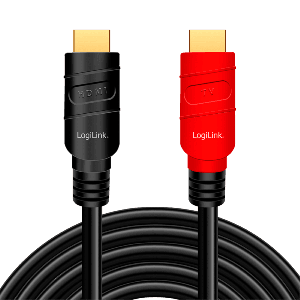 CABLU video LOGILINK, HDMI (T) la HDMI (T) 2.0, 10m, amplificare, conectori auriti, rezolutie maxima 4K (3840 x 2160) la 60 Hz, plastic, triplu ecranaj, negru-rosu, "CHV0100" — miniatură