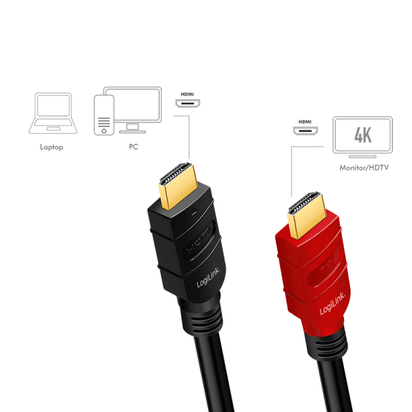 CABLU video LOGILINK, HDMI (T) la HDMI (T) 2.0, 10m, amplificare, conectori auriti, rezolutie maxima 4K (3840 x 2160) la 60 Hz, plastic, triplu ecranaj, negru-rosu, "CHV0100" — miniatură