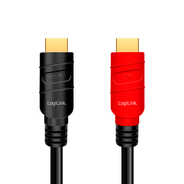 CABLU video LOGILINK, HDMI (T) la HDMI (T) 2.0, 15m, amplificare, conectori auriti, rezolutie maxima 4K (3840 x 2160) la 60 Hz, plastic, triplu ecranaj, negru-rosu, "CHV0101"