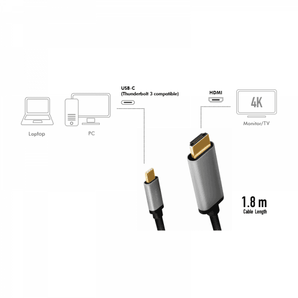 CABLU video LOGILINK, adaptor USB 3.1 Type-C (T) la HDMI (T), 1.8m, rezolutie maxima 4K UHD (3840 x 2160) la 60 Hz, conectori auriti, aluminiu, dublu ecranaj, negru-gri, "CUA0101" — miniatură