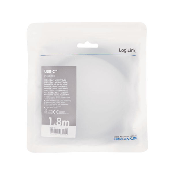 CABLU video LOGILINK, adaptor USB 3.1 Type-C (T) la HDMI (T), 1.8m, rezolutie maxima 4K UHD (3840 x 2160) la 60 Hz, conectori auriti, aluminiu, dublu ecranaj, negru-gri, "CUA0101" — miniatură