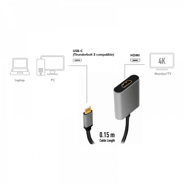 CABLU video LOGILINK, adaptor USB 3.1 Type-C (T) la HDMI (T), 1.8m, rezolutie maxima 4K UHD (3840 x 2160) la 60 Hz, conectori auriti, aluminiu, dublu ecranaj, negru-gri, "CUA0103" — miniatură