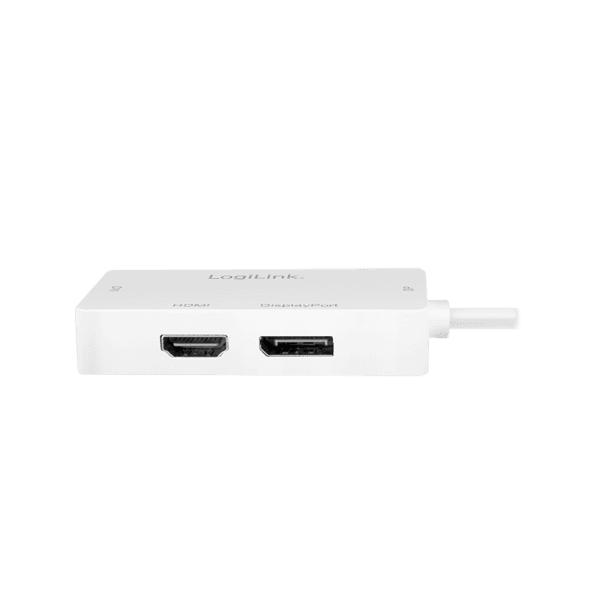CABLU video LOGILINK, adaptor mini DisplayPort (T) 1.2 la HDMI (M) + DVI (M) + DisplayPort (M), 0.15m, rezolutie maxima 4K UHD (3840 x 2160) la 60 Hz, conectori auriti, plastic, triplu ecranaj, alb, "CV0045A" — miniatură