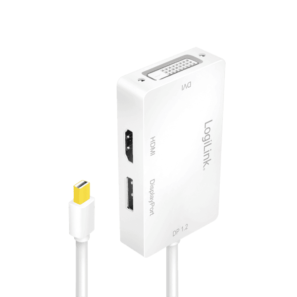 CABLU video LOGILINK, adaptor mini DisplayPort (T) 1.2 la HDMI (M) + DVI (M) + DisplayPort (M), 0.15m, rezolutie maxima 4K UHD (3840 x 2160) la 60 Hz, conectori auriti, plastic, triplu ecranaj, alb, "CV0045A" — miniatură