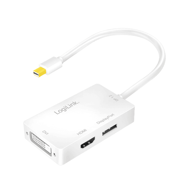 CABLU video LOGILINK, adaptor mini DisplayPort (T) 1.2 la HDMI (M) + DVI (M) + DisplayPort (M), 0.15m, rezolutie maxima 4K UHD (3840 x 2160) la 60 Hz, conectori auriti, plastic, triplu ecranaj, alb, "CV0045A"