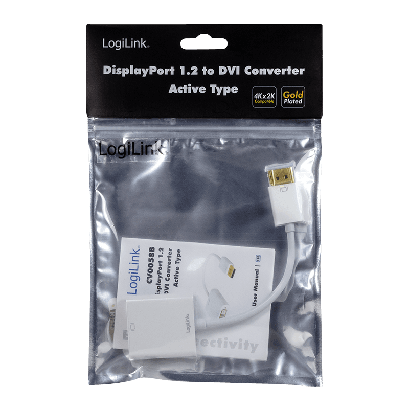 CABLU video LOGILINK, adaptor DisplayPort (T) 1.1 la DVI-D DL (M), 0.15m, conectori auriti, rezolutie maxima Full HD (2560 x 1600) la 60 Hz, plastic, dublu ecranaj, alb, "CV0058B" — miniatură