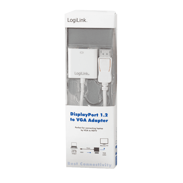 CABLU video LOGILINK, adaptor DisplayPort (T) 1.1 la VGA (M), 0.15m, conectori auriti, rezolutie maxima Full HD (1920 x 1200) la 60 Hz, plastic, dublu ecranaj, alb, "CV0059B" — miniatură