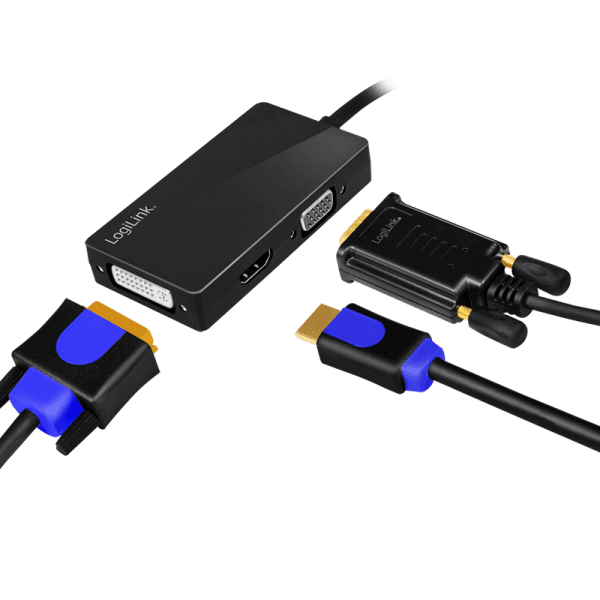 CABLU video LOGILINK, adaptor DisplayPort (T) 1.2 la HDMI (M) 1.4 + DVI-I DL (M) 1.0 + VGA (M), 0.15m, rezolutie maxima 4K UHD (3840 x 2160) la 30 Hz, conectori auriti, plastic, ecranaj, negru, "CV0109" — miniatură