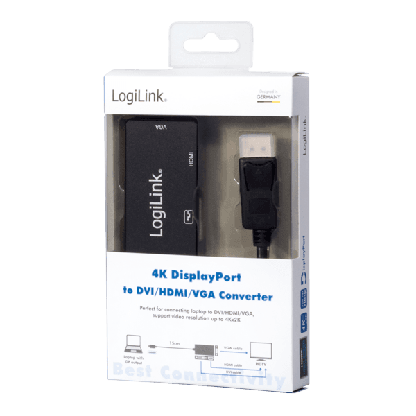 CABLU video LOGILINK, adaptor DisplayPort (T) 1.2 la HDMI (M) 1.4 + DVI-I DL (M) 1.0 + VGA (M), 0.15m, rezolutie maxima 4K UHD (3840 x 2160) la 30 Hz, conectori auriti, plastic, ecranaj, negru, "CV0109" — miniatură