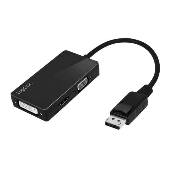CABLU video LOGILINK, adaptor DisplayPort (T) 1.2 la HDMI (M) 1.4 + DVI-I DL (M) 1.0 + VGA (M), 0.15m, rezolutie maxima 4K UHD (3840 x 2160) la 30 Hz, conectori auriti, plastic, ecranaj, negru, "CV0109"