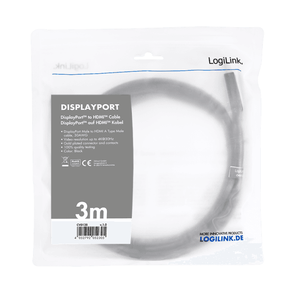 CABLU video LOGILINK, adaptor DisplayPort (T) 1.2 la HDMI (T), 3m, rezolutie maxima 4K UHD (3840 x 2160) la 30 Hz, conectori auriti, plastic, dublu ecranaj, negru, "CV0128" — miniatură