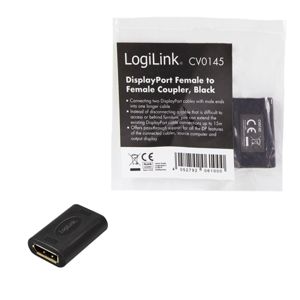 ADAPTOR video LOGILINK, DisplayPort (M) la DisplayPort (M), conectori auriti, rezolutie maxima 8K (7680 x 4320) la 60 Hz, plastic, alb, "CV0145" — miniatură