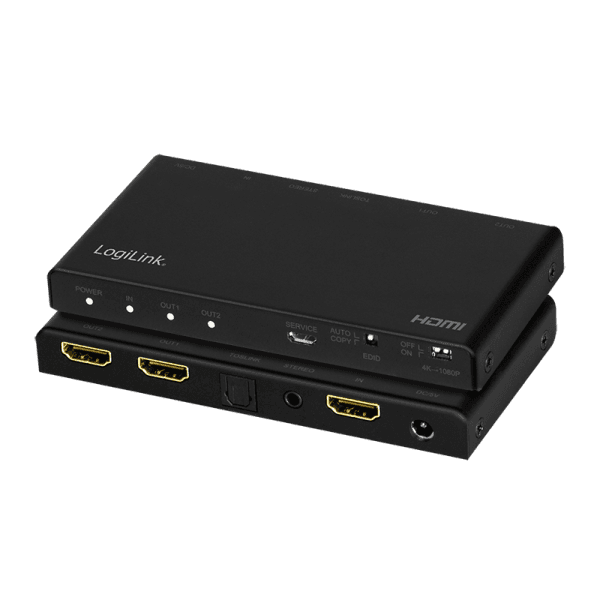 SPLITTER video LOGILINK, 1 x 2 port, Input: HDMI (M) x 1, Output: HDMI (M) 2.0 x 2, rezolutie maxima 4K UHD (3840 x 2160) la 60 Hz, HDCP 2.2, EDID, audio, negru, "HD0034" — miniatură