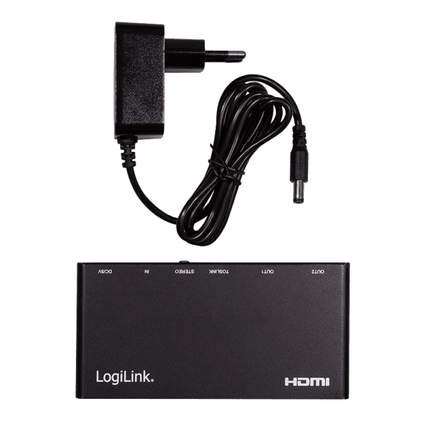 SPLITTER video LOGILINK, 1 x 2 port, Input: HDMI (M) x 1, Output: HDMI (M) 2.0 x 2, rezolutie maxima 4K UHD (3840 x 2160) la 60 Hz, HDCP 2.2, EDID, audio, negru, "HD0034" — miniatură