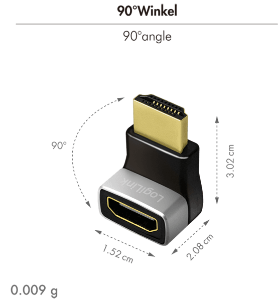 ADAPTOR video LOGILINK, HDMI (T) la HDMI (M), conectori auriti, rezolutie maxima 8K (7680 x 4320) la 60 Hz, 90 grade, negru-gri, "AH0005A" — miniatură