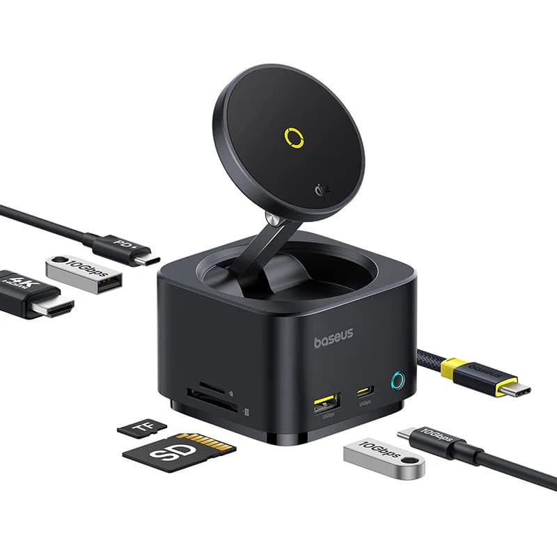 DOCKING Station Baseus MagPro Series II 7-in-1,conectare PC USB-Type-C,USB 3.2 x 1, incarcare wireless 15W, card reader MicroSD/SD,USB-Cx1 PD 100W 5V/9V/4.5V/20V 5A(Max.),HDMIx1/4K/60Hz,negru "B00072900121-00" - 6932172672669