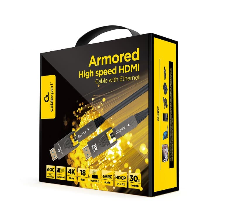 CABLU video GEMBIRD, HDMI (T) la HDMI (T), 30m, premium AOC (Active Optical Cable), conectori auriti, rezolutie maxima 4K (3840 x 2160) la 60 Hz, negru, "CCAP-HDMIDD-AOC-30M" — miniatură