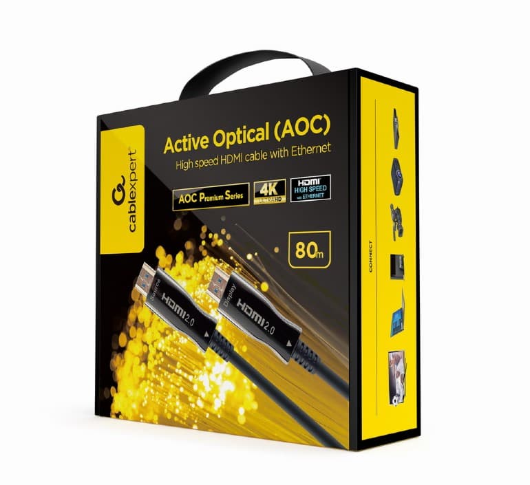 CABLU video GEMBIRD, HDMI (T) la HDMI (T), 80m, premium AOC (Active Optical Cable), conectori auriti, rezolutie maxima 4K (3840 x 2160) la 60 Hz, negru, "CCBP-HDMI-AOC-80M-02" — miniatură