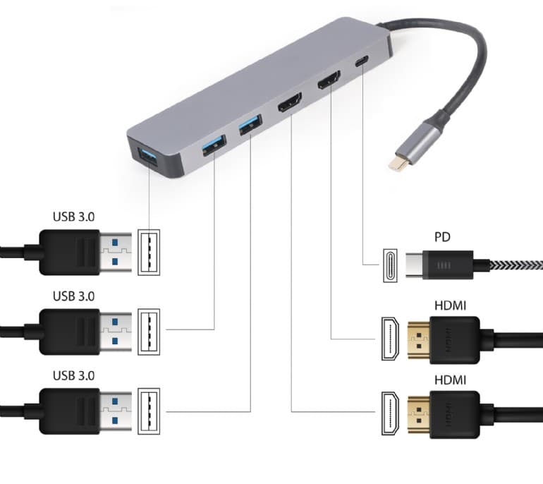 DOCKING Station Gembird universal,3-in-1, conec PC USB Type C, USB-C x 1, USB-A 3.0 x 3, HDMI x 2, PD 100W, argintiu "A-CM-COMBO3-03" — miniatură