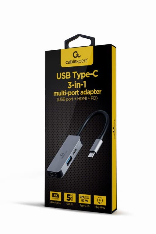 DOCKING Station Gembird universal,3-in-1, conec PC USB Type C, USB-C x 1, USB-A 3.1 x 1, HDMI x 1, PD 87W, argintiu "A-CM-COMBO3-02" — miniatură