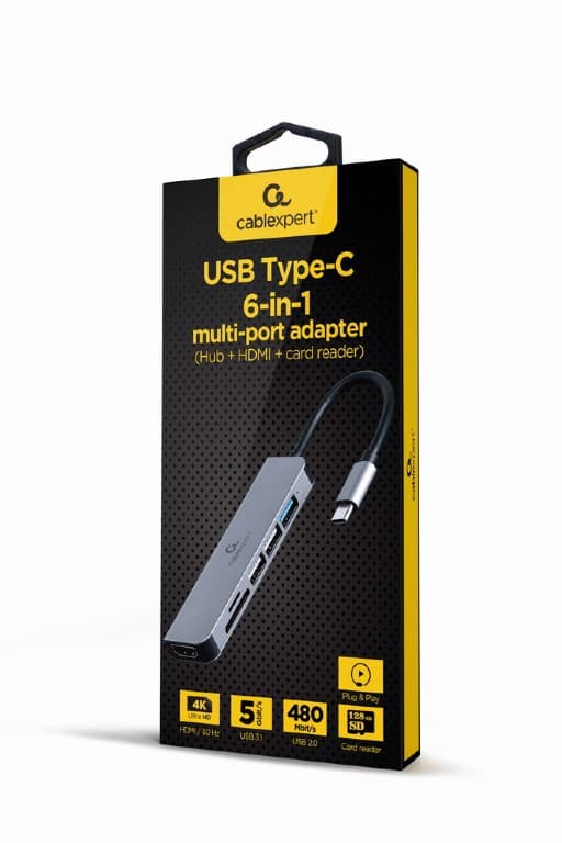 DOCKING Station Gembird universal,6-in-1, conec PC USB Type C, USB-C x 1, USB-A 2.0 x 3, HDMI x 1, SD card, argintiu "A-CM-COMBO6-02" — miniatură