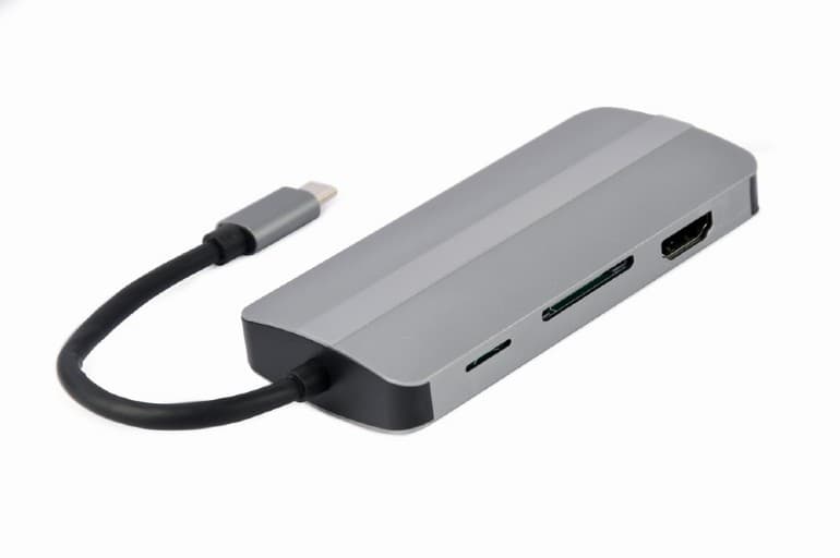 DOCKING Station Gembird universal,8-in-1, conec PC USB Type C, USB-C x 1, USB-A 3.1 x 2, HDMI x 1, VGA x 1, PD 87W, SD/microSD card, argintiu "A-CM-COMBO8-02" — miniatură