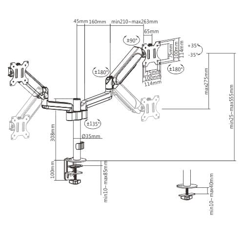 SUPORT de birou Gembird, pt 2 TV/monitor plat, diag. max 32 inch, rotatie, inclinare, pivotare, orizontal, vertical, max 2x9 kg, "MA-DA2P-01" — miniatură