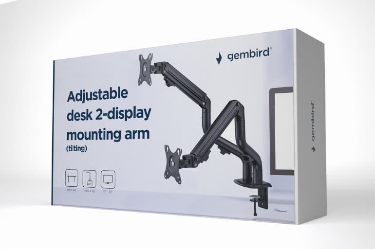 SUPORT de birou Gembird, pt 2 TV/monitor plat, diag. max 35 inch, rotatie, inclinare, pivotare, orizontal, vertical, max 2x10 kg, "MA-DA2-03" — miniatură