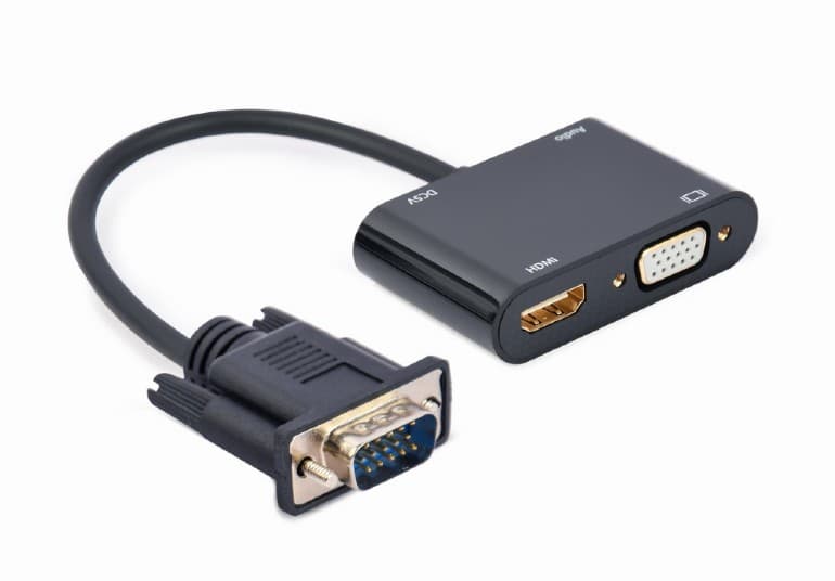 ADAPTOR video GEMBIRD, adaptor VGA (T) la HDMI (M) + VGA (M), 15cm, rezolutie maxima Full HD (1980 x 1060) la 60Hz, USB power, negru, "A-VGA-HDMI-02" — miniatură