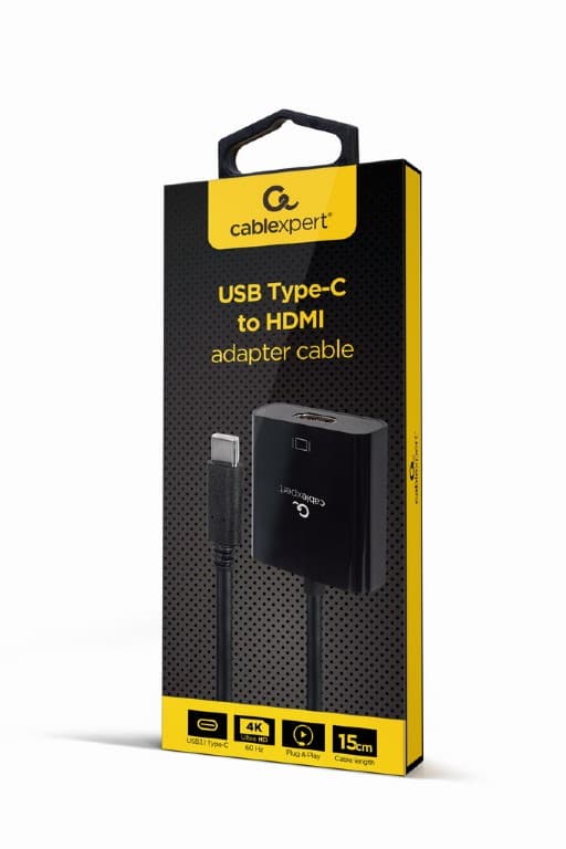 ADAPTOR video GEMBIRD, adaptor USB-C Type-C (T) la HDMI (M), 15cm, rezolutie maxima 4K (3840 x 2160) la 60Hz, negru, "A-CM-HDMIF-04" — miniatură