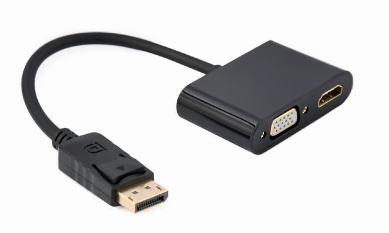 CABLU video GEMBIRD, adaptor DisplayPort (T) la HDMI (M) + VGA (M), 10cm, rezolutie maxima HDMI 4K UHD (3840 x 2160) la 30 Hz, VGA Full HD (1920 x 1080) la 60 Hz, negru, "A-DPM-HDMIFVGAF-01"