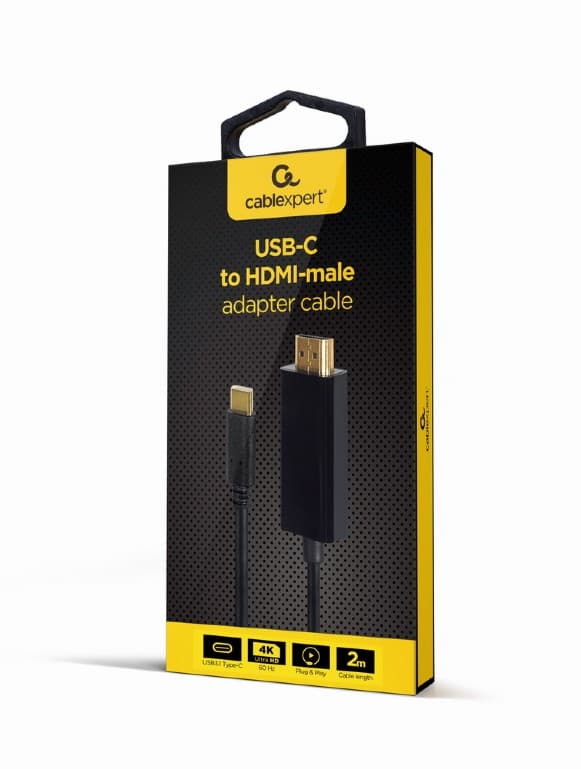 CABLU video GEMBIRD, adaptor USB-C Type-C (T) la HDMI (T), 2m, rezolutie maxima 4K (3840 x 2160) la 60Hz, negru, "A-CM-HDMIM-02" — miniatură