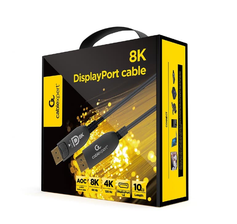 CABLU video GEMBIRD, DisplayPort (T) la DisplayPort (T), 10m, premium AOC (Active Optical Cable), conectori auriti, rezolutie maxima 8K (7680 x 4320) la 60 Hz, negru, "CC-DP8K-AOC-10M" — miniatură